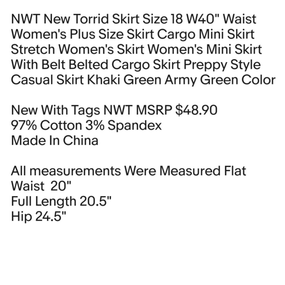 NWT New Torrid Skirt Size 18 W40" Waist Women's Plus Size Skirt Cargo Mini Skirt - Picture 2 of 4